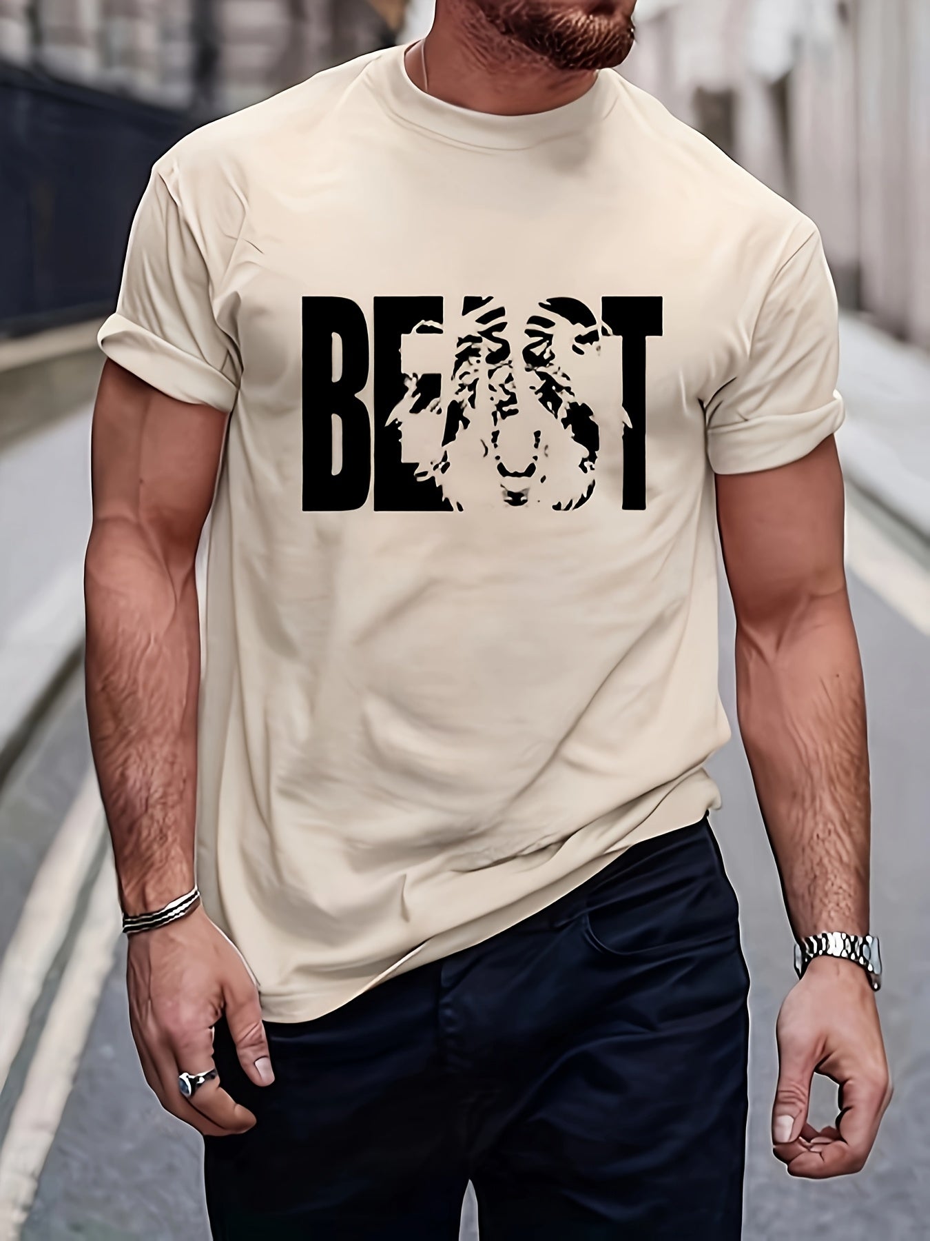 Herren T-Shirt mit "BEAST" Statement und Löwenkopf-Design – Urban Streetwear, Oversize Look