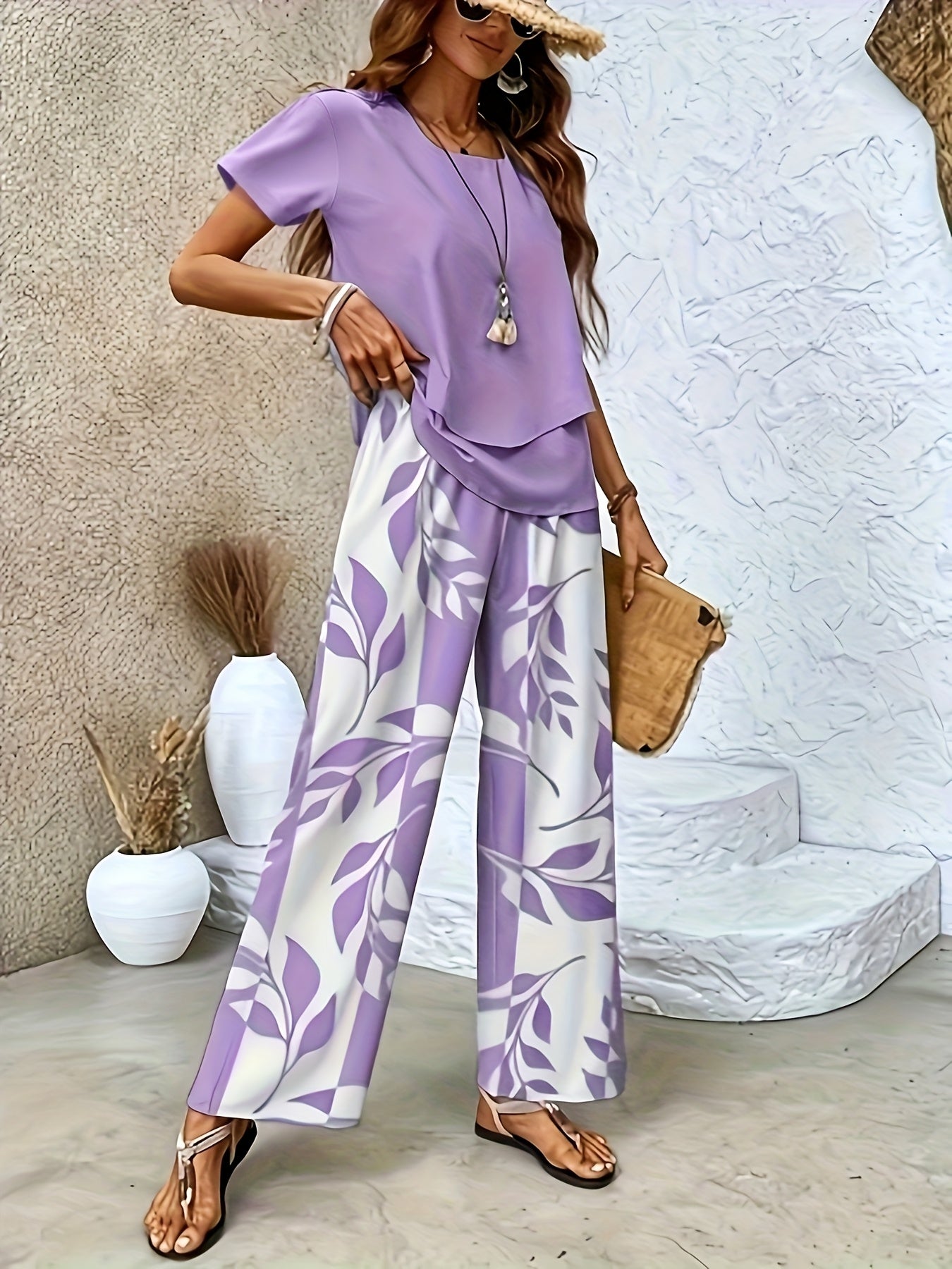 Damen Sommer Set Elegant Zweiteiler mit Weiten Hosen und Kurzarmshirt – Perfekt für Freizeit und Urlaub