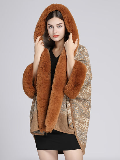 Damen Cape mit Kapuze und Kunstpelzbesatz - Musterbedruckt, Mehrfarbig