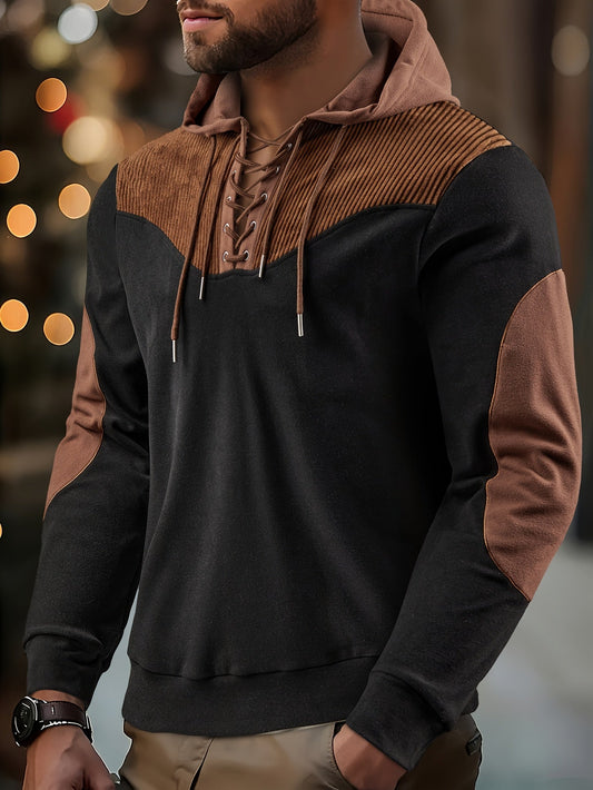 Herren Hoodie Schnürung Schwarz Braun Kapuzenpullover Patchwork