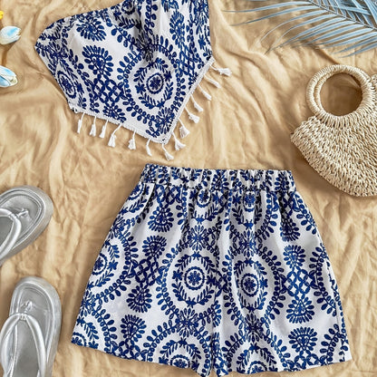 Damen Zweiteiliges Set Bandeau Top und Shorts mit Boho Muster – Perfekt für Strand und Freizeit