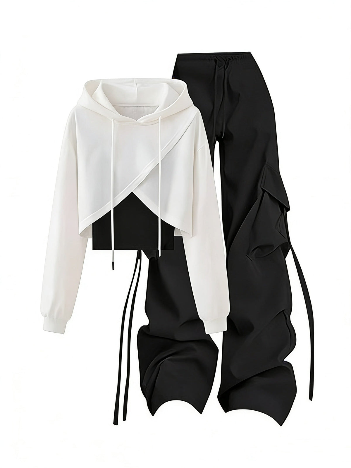 Damen Hoodie Crop Top Set Weiß Schwarz mit Cargo Hose und Kordelzug