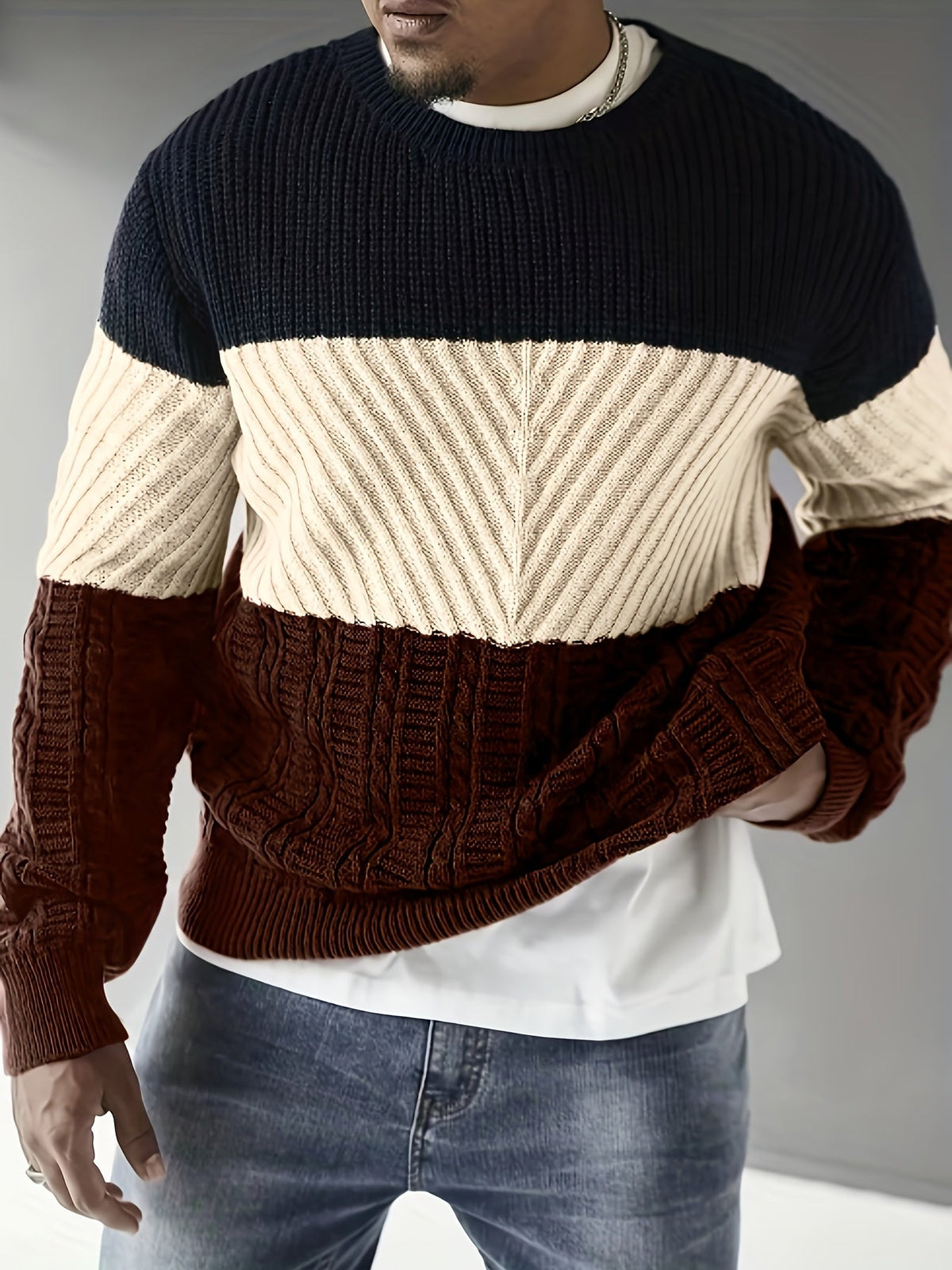 Herren Pullover Farbblock Gerippt Rundhalsausschnitt Langarm
