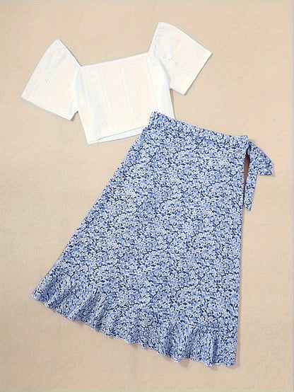 Damen Zweiteiler Set – Romantisches Sommer-Outfit mit Bluse und Wickelrock, ideal für Freizeit und Urlaub