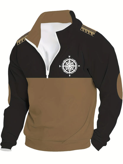 Herren Halbarm-Pullover mit Reißverschluss, Kompass-Motiv & Ellbogen-Patches, Zweifarbig