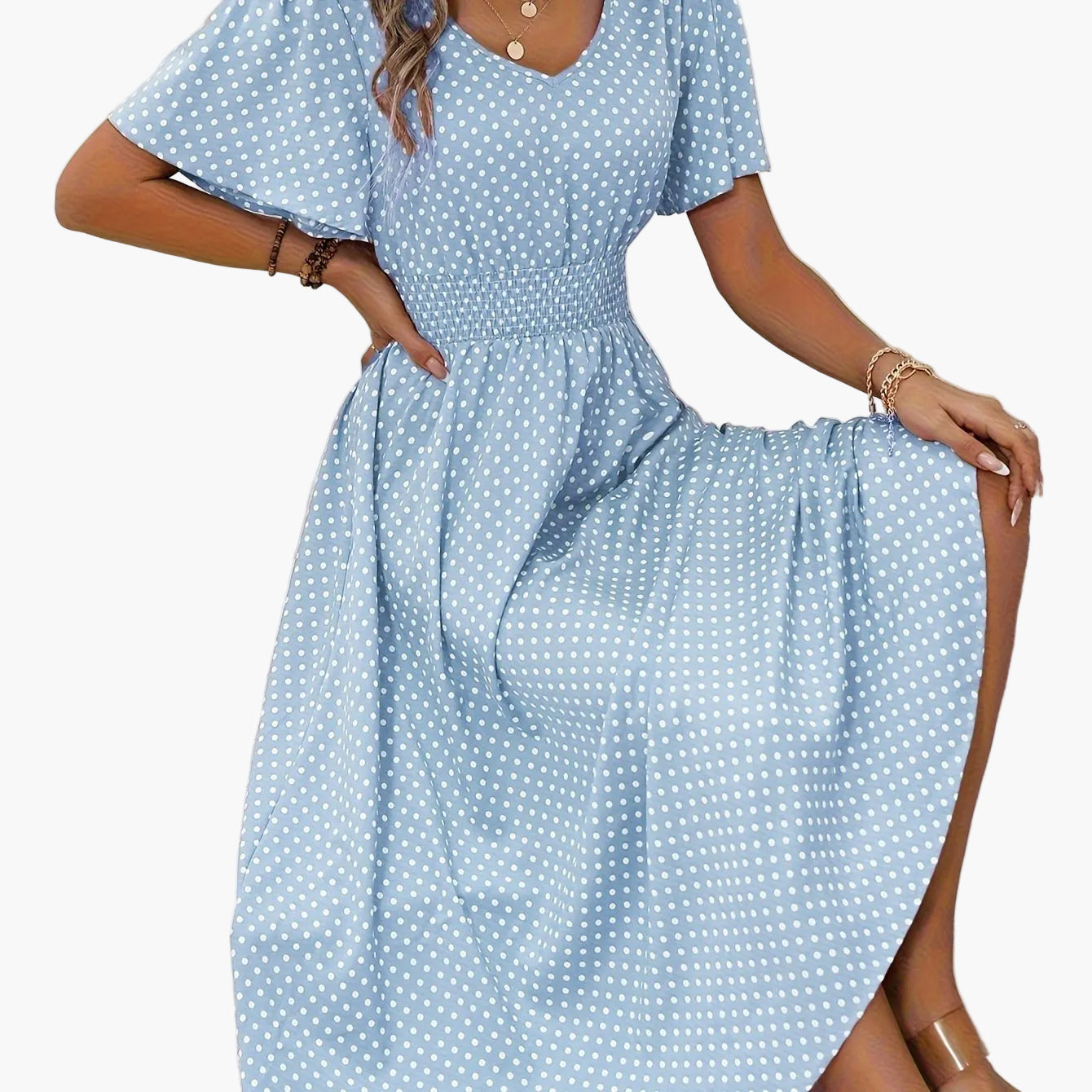 Damen Polka Dot Sommerkleid mit V-Ausschnitt – Elegantes Freizeit Maxikleid