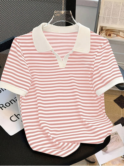 Damen Polo Shirt mit Streifenmuster und V-Ausschnitt – Eleganter Freizeit-Look