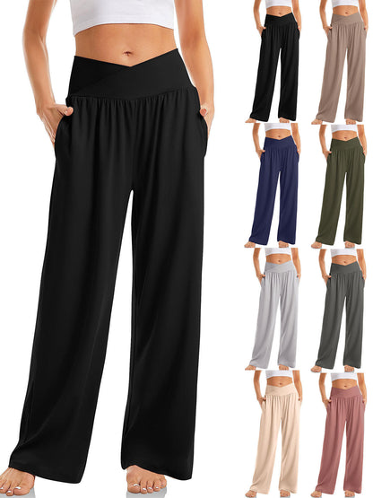 Damen Yoga-Hose mit V-Bund & weitem Bein – Loungewear mit Taschen