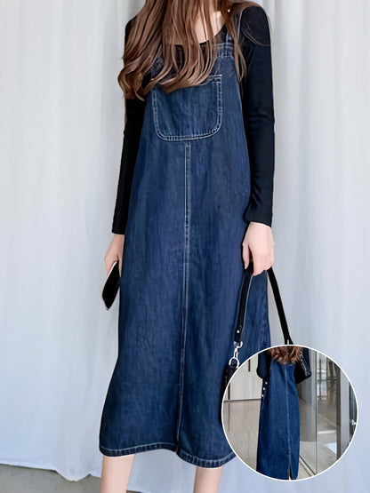 Damen Lässiges Jeans-Latzkleid Midi – Bequemer Freizeit-Overall für Alltag und Büro