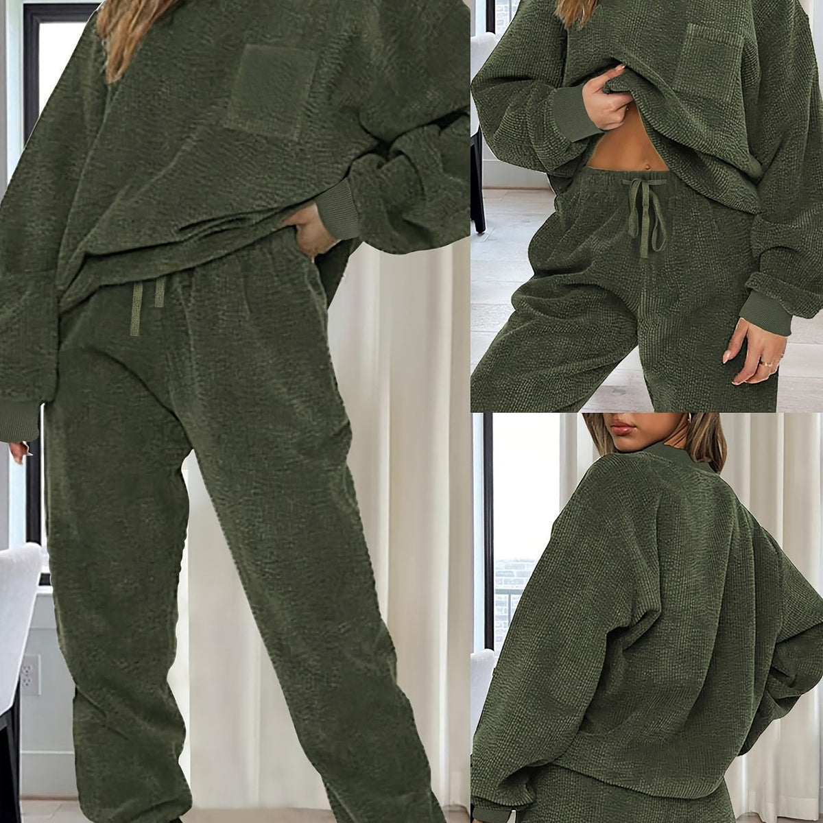 Damen Loungewear Set Grün – Pullover und Hose mit Waffelstruktur