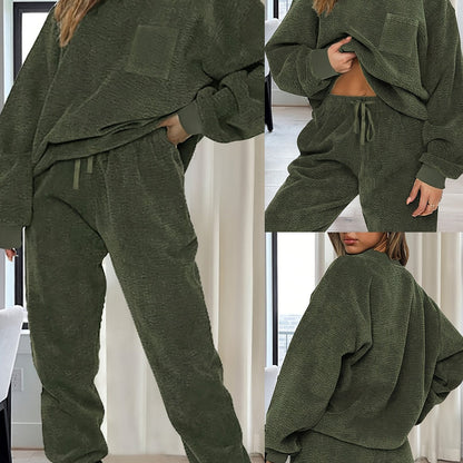 Damen Loungewear Set Grün – Pullover und Hose mit Waffelstruktur