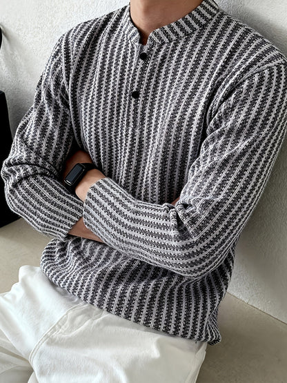 Herren Langarm Henley Shirt mit Streifenmuster – Stilvolles Freizeit- und Business-Oberteil