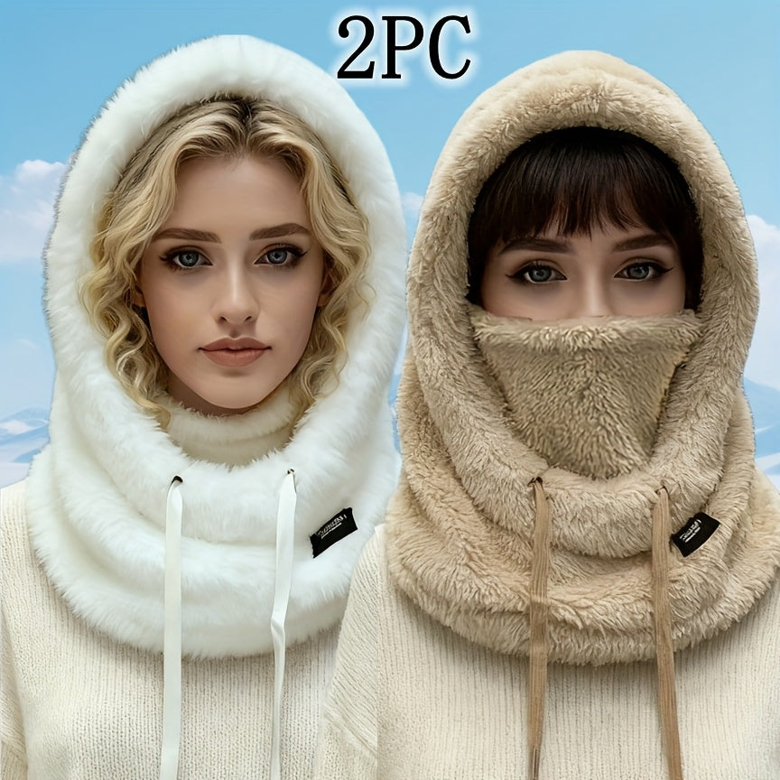 Fleece Kapuzen-Halstuch mit Gesichtsbedeckung und Kordelzug, Winter Schal Mütze Halswärmer Set