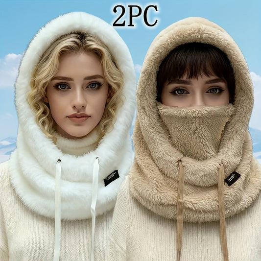 Fleece Kapuzen-Halstuch mit Gesichtsbedeckung und Kordelzug, Winter Schal Mütze Halswärmer Set