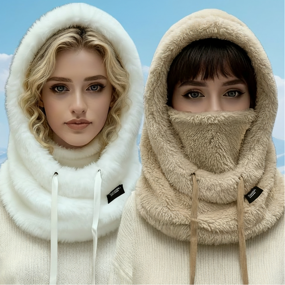 Fleece Kapuzen-Halstuch mit Gesichtsbedeckung und Kordelzug, Winter Schal Mütze Halswärmer Set