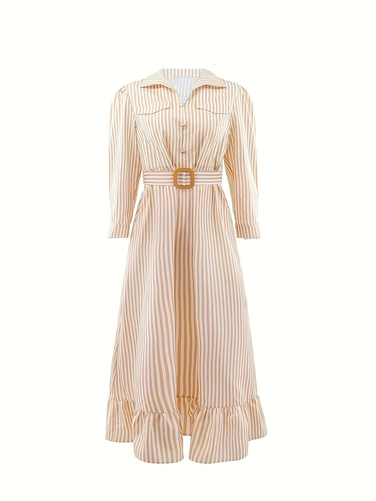 Damen Maxikleid Hemdblusenkleid gestreift Langarm Rüschensaum Weiß Braun