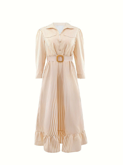 Damen Maxikleid Hemdblusenkleid gestreift Langarm Rüschensaum Weiß Braun