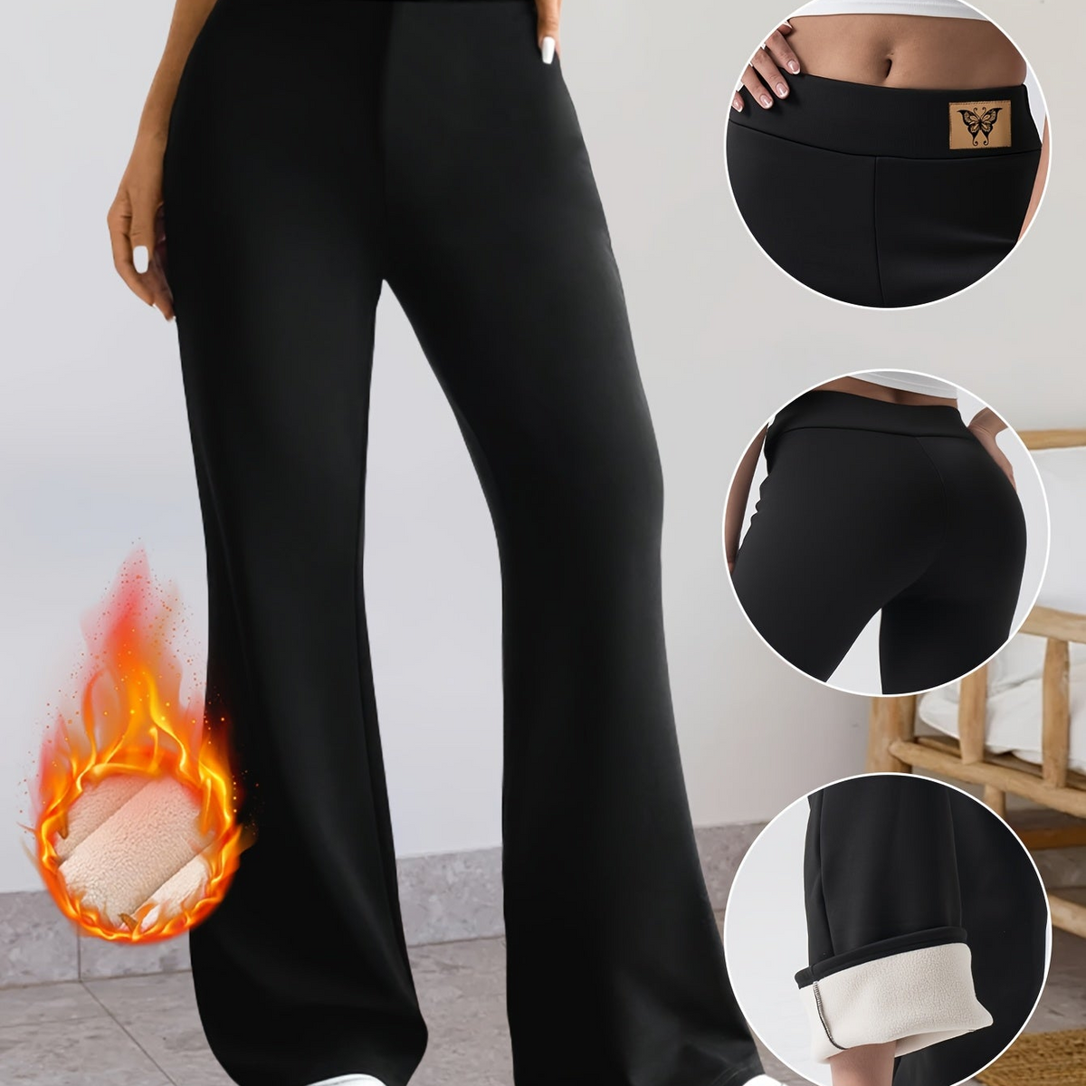 Damen Schlaghose Schwarz mit Thermofutter Flared Leg