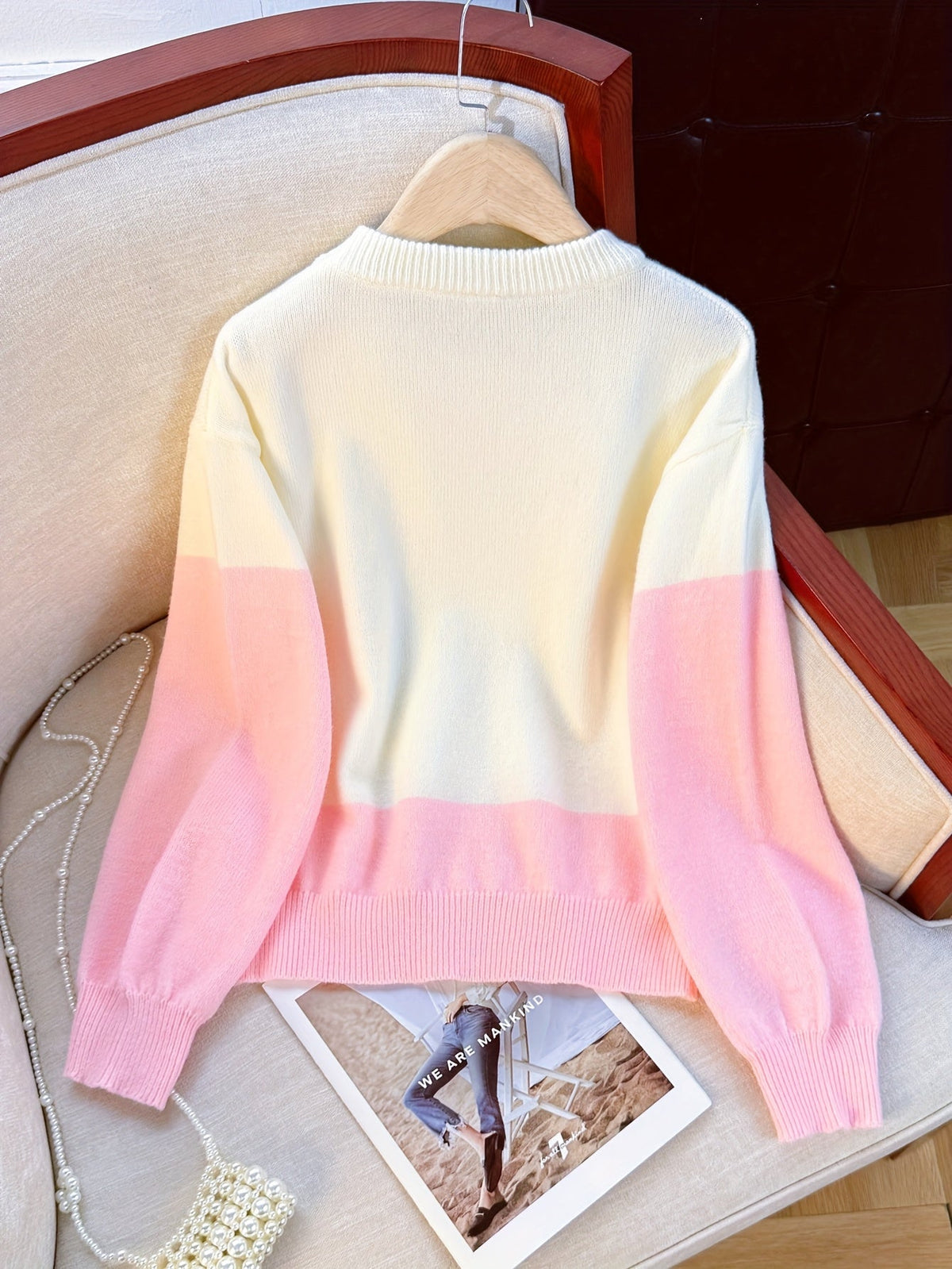 Damen Pullover Weiß Rosa mit Rosen-Stickerei und Puffärmeln