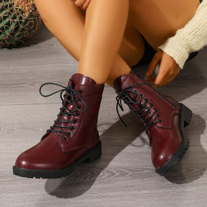 Damen Schnürstiefeletten Burgund mit Reißverschluss und Profilsohle