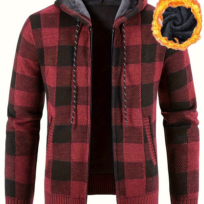 Herren Hoodie mit Reißverschluss, kariert, gefüttert, warm, Braun Schwarz