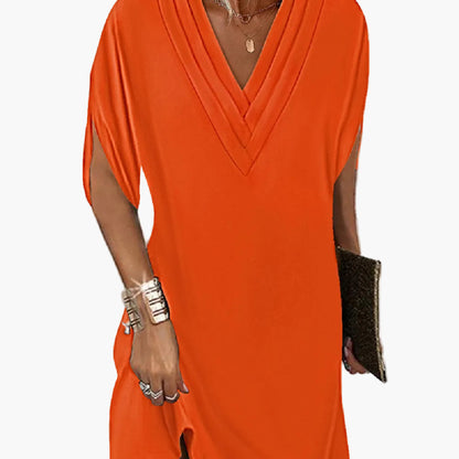 Damen Kleid Elegant mit V-Ausschnitt und Schlitzärmeln – Lockeres Sommerkleid für Alltag und Anlass