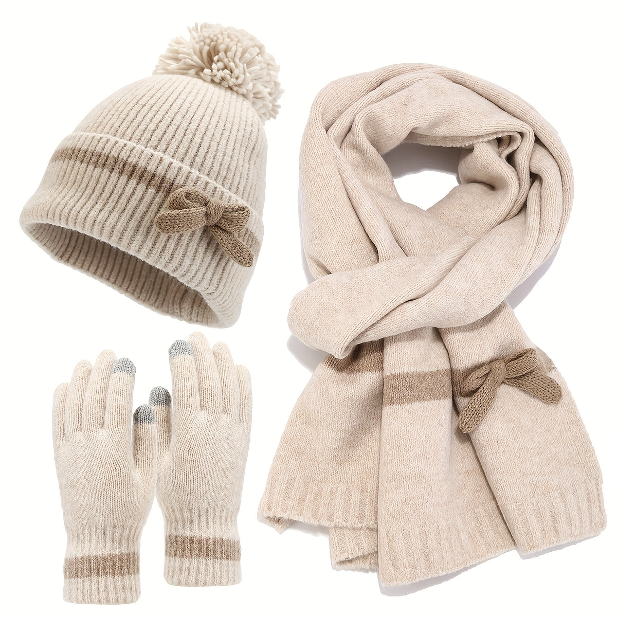 Damen Winter Set Mütze Schal Handschuhe mit Schleife und Bommel, Warmes Strick-Set