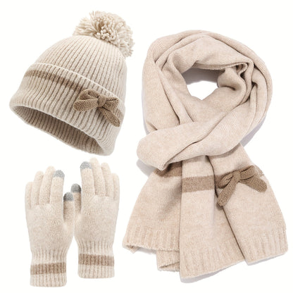 Damen Winter Set Mütze Schal Handschuhe mit Schleife und Bommel, Warmes Strick-Set