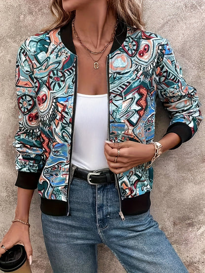 Damen Bomberjacke mit abstraktem Muster – Modischer Freizeit-Look für Alltag und Urlaub