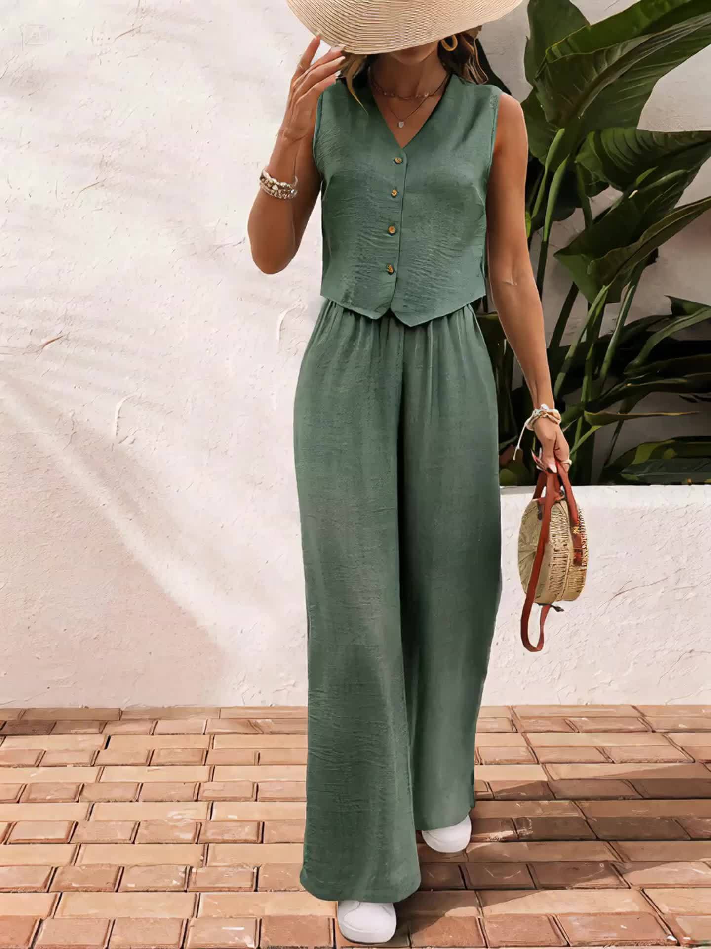 Damen Zweiteiler Jumpsuit mit Weste und Knopfleiste – Eleganter Sommeranzug für Alltag und Urlaub