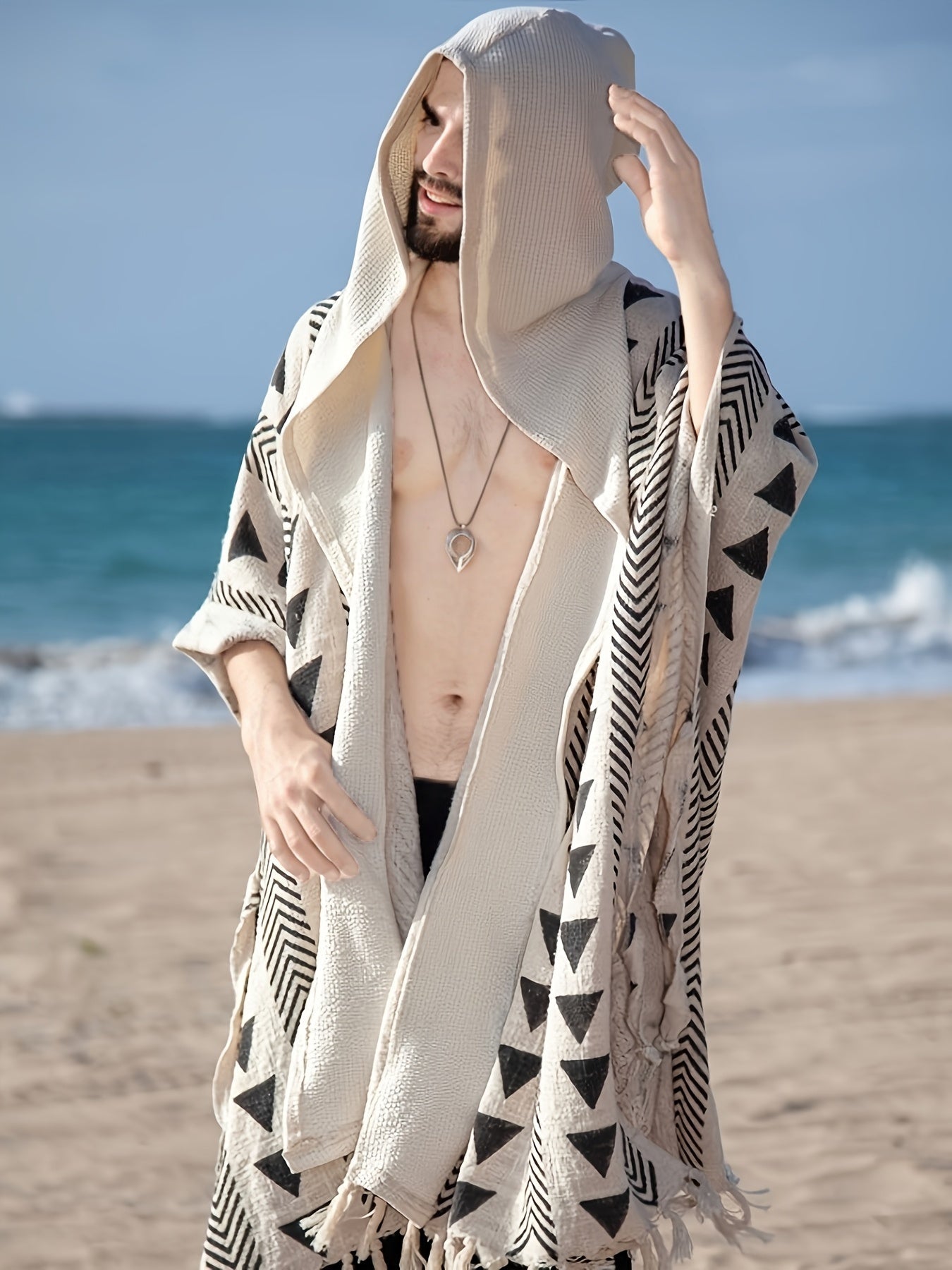 Herren Boho Poncho mit Kapuze – Geometrisches Muster, Überwurf für Strand und Festival