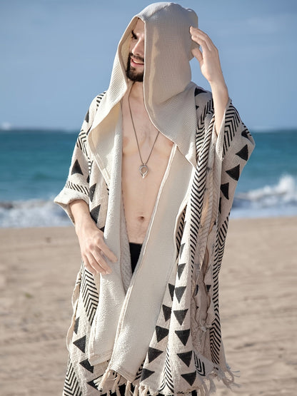 Herren Boho Poncho mit Kapuze – Geometrisches Muster, Überwurf für Strand und Festival