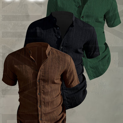 Herren 3er-Pack Stehkragen Hemden – Modischer Freizeit Look, Kurzarm, Knopfleiste