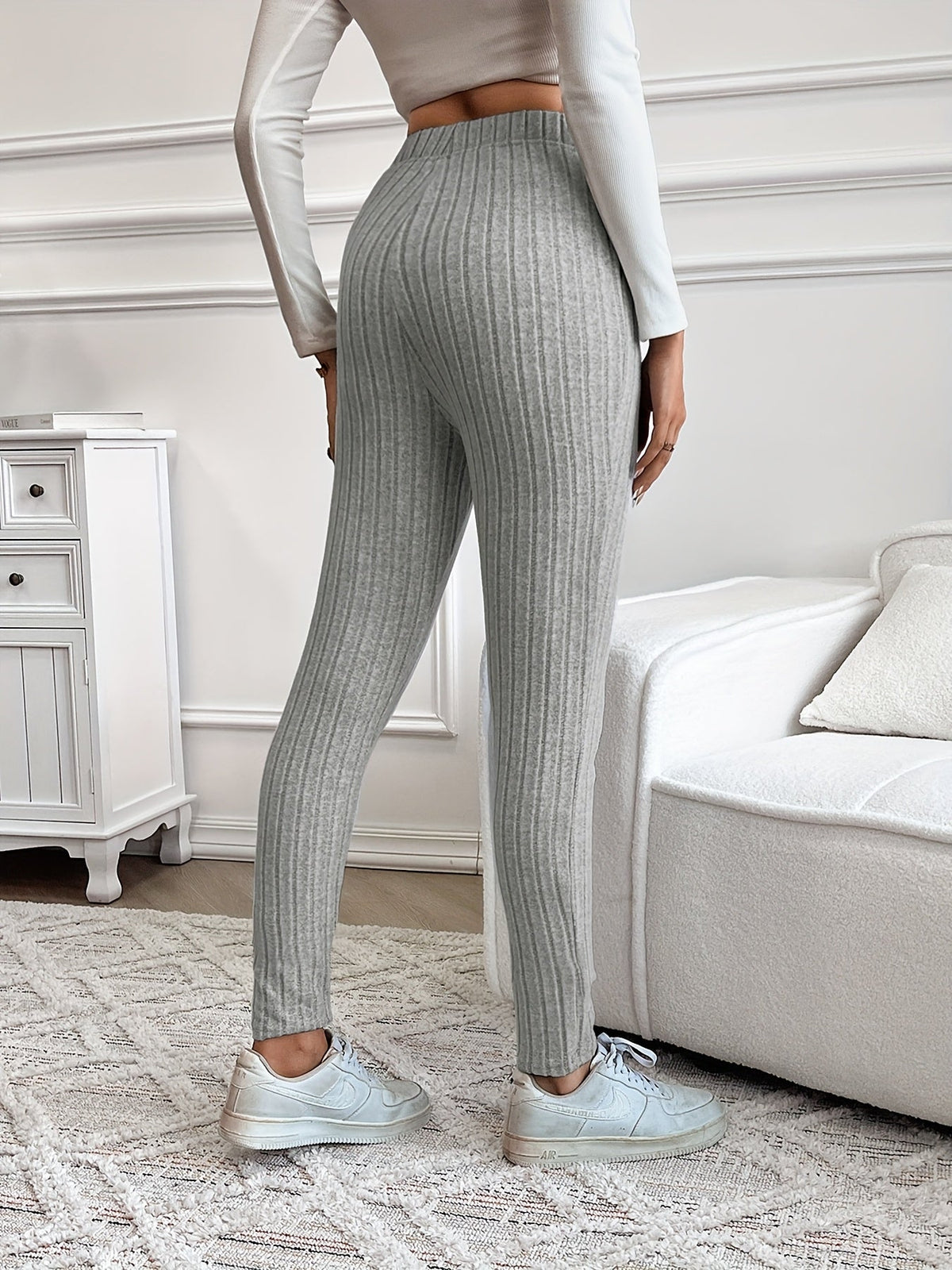Damen Rippstrick Hose mit Kordelzug und weitem Bein