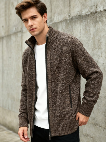 Herren Strickjacke mit Reißverschluss Stehkragen und Taschen meliert