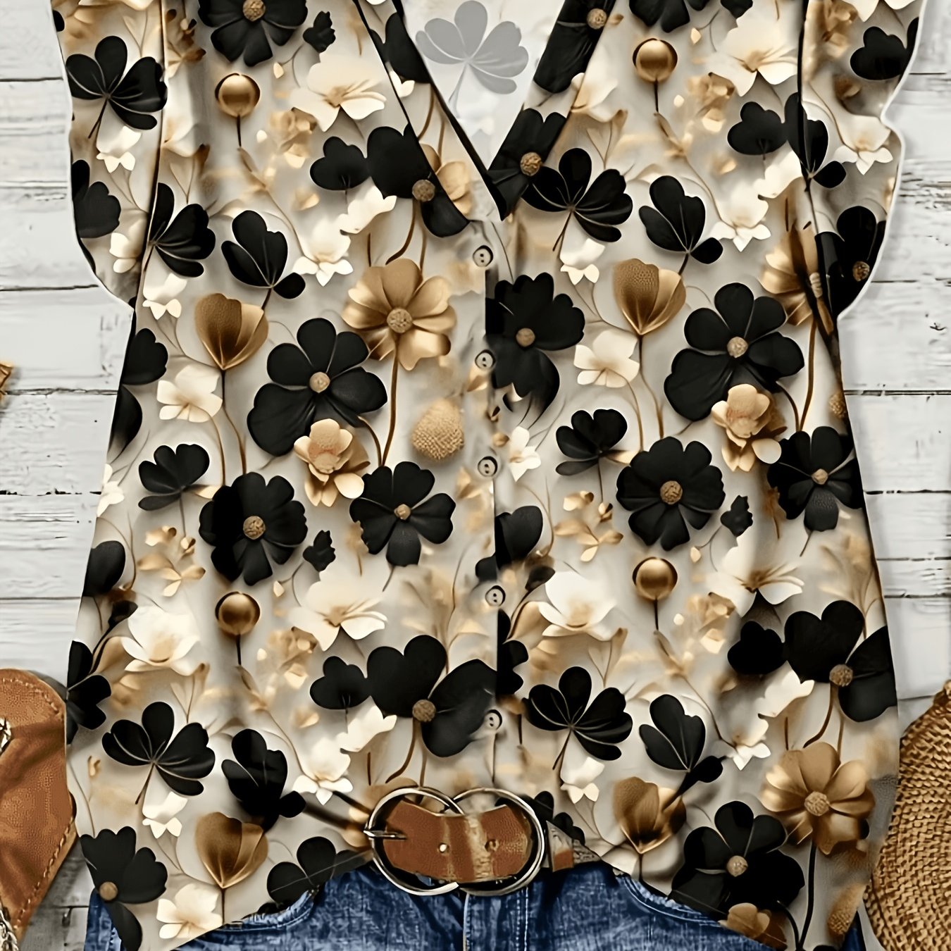 Damen Bluse mit Blumenmuster und V-Ausschnitt – Modische Kurzarm-Bluse für Alltag und Freizeit