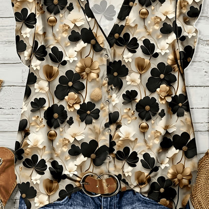 Damen Bluse mit Blumenmuster und V-Ausschnitt – Modische Kurzarm-Bluse für Alltag und Freizeit