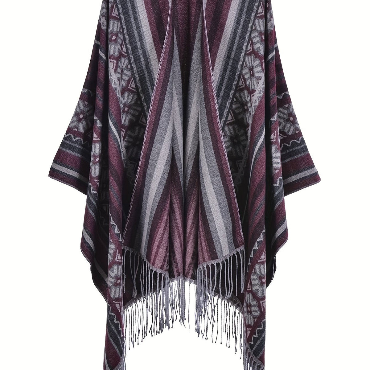 Damen Poncho Cape mit offenem Schnitt und geometrischem Muster – Boho Stil für Freizeit und Alltag