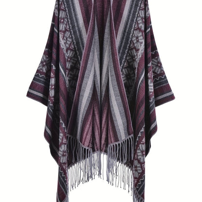 Damen Poncho Cape mit offenem Schnitt und geometrischem Muster – Boho Stil für Freizeit und Alltag