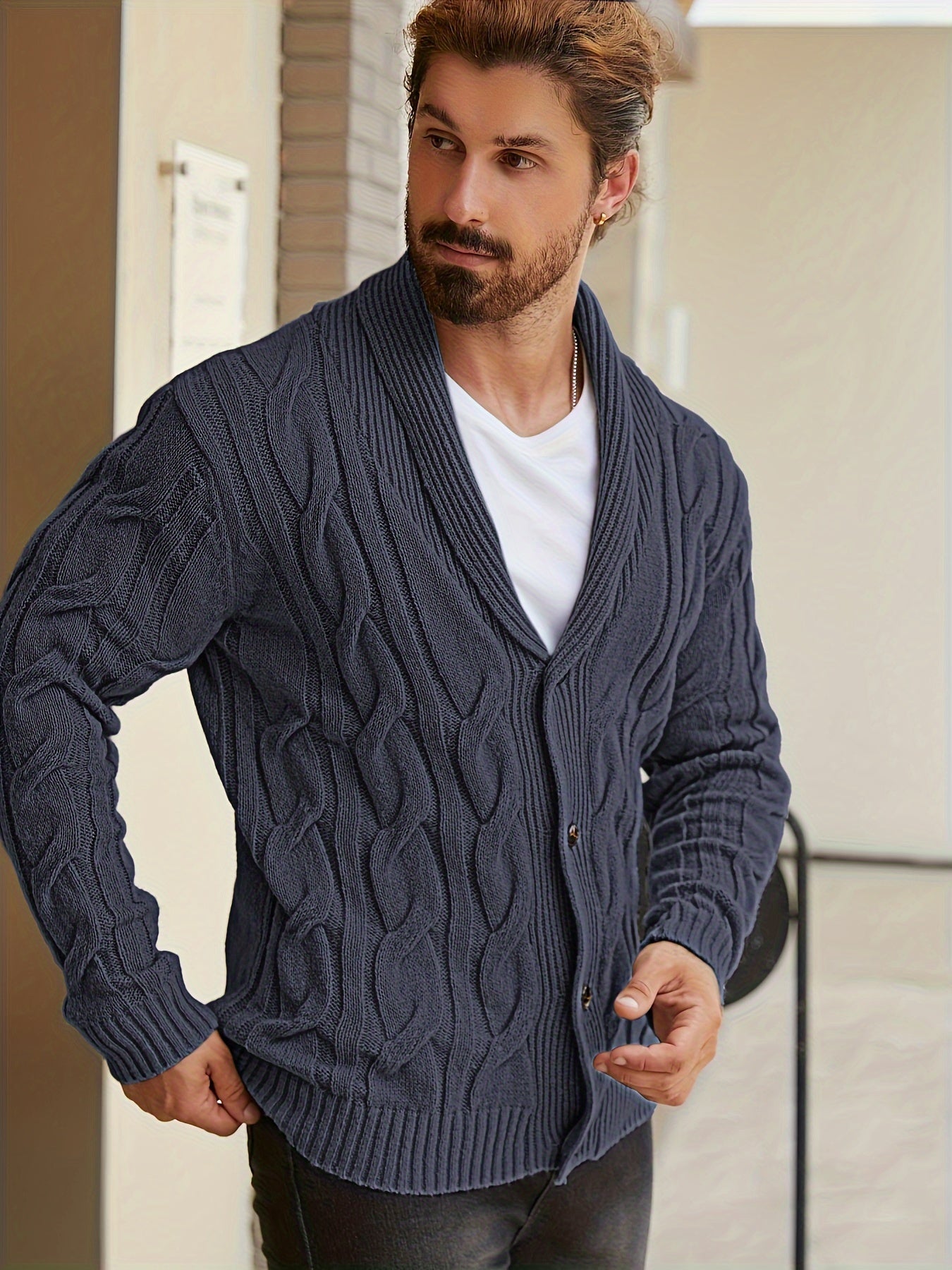 Herren Strickjacke Zopfmuster Schalkkragen Knopfleiste