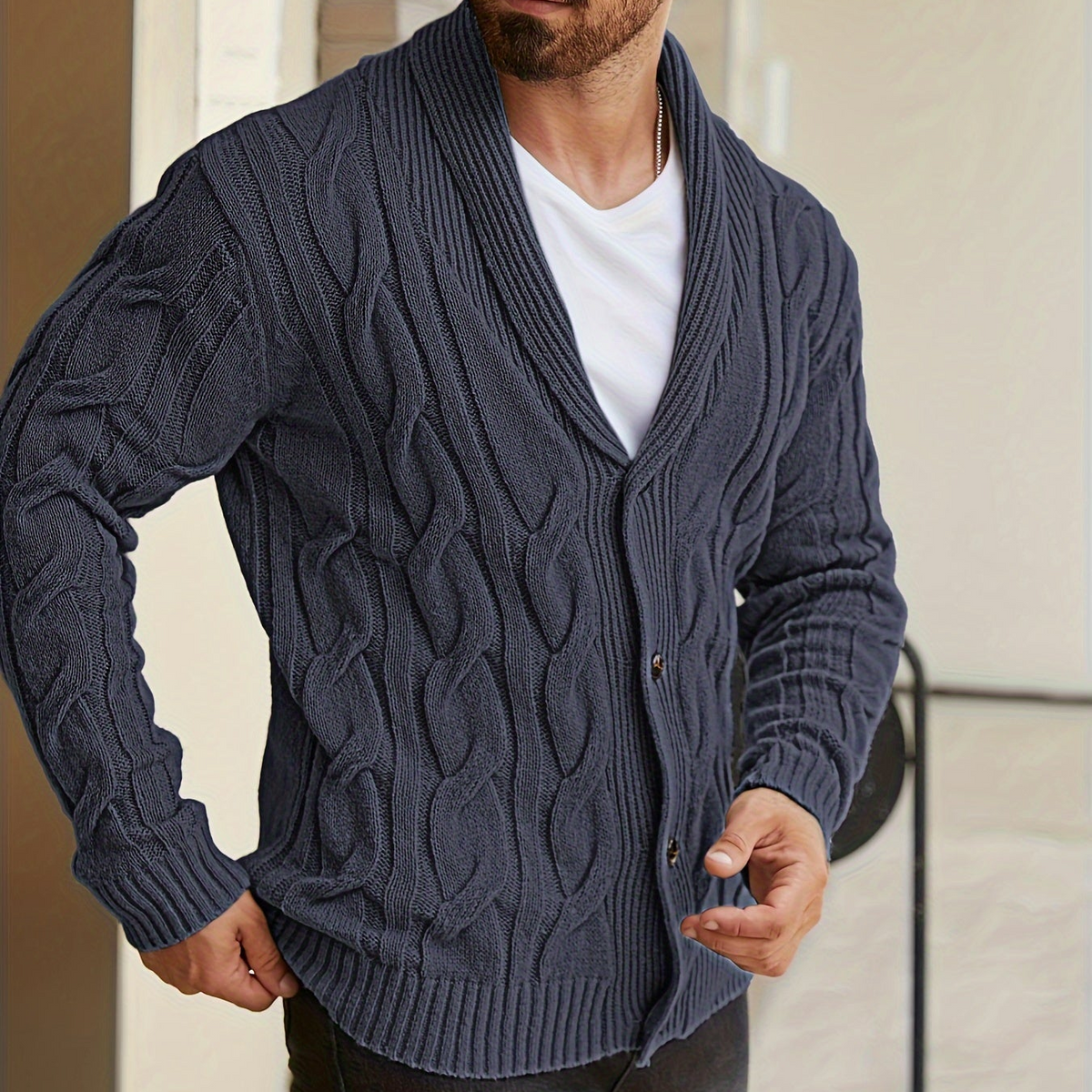 Herren Strickjacke Zopfmuster Schalkkragen Knopfleiste