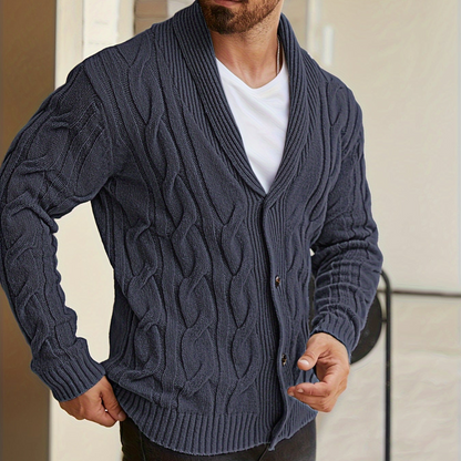 Herren Strickjacke Zopfmuster Schalkkragen Knopfleiste