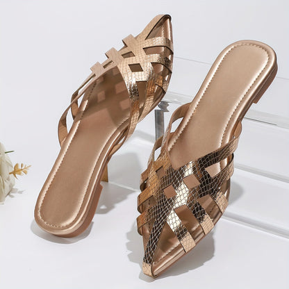 Damen Elegante Slip-On Pantoletten mit Geflochtenem Design und Spitzkappe – Stilvolle Flache Mules für Alltag und Anlass