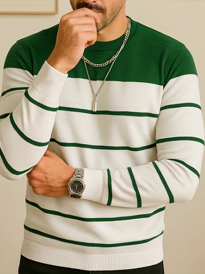 Herren Rundhals Pullover mit Blockstreifen und Rippbündchen