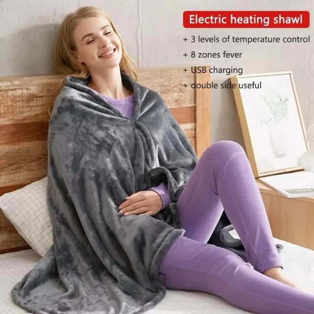 Grauer tragbarer Heiz-Poncho Decke mit Reißverschluss und Kapuze für Damen