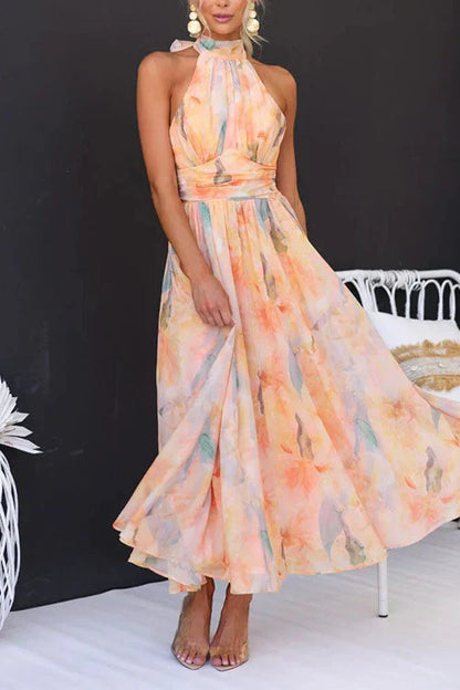 Damen Wasserfarben Maxikleid mit Neckholder – Elegantes Sommerkleid für besondere Anlässe