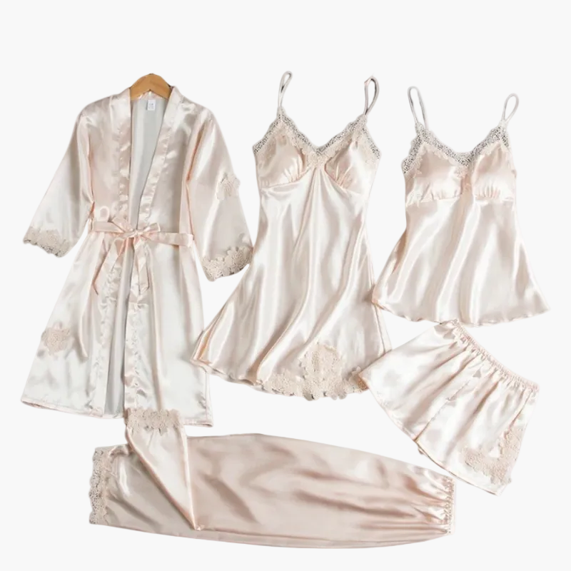 Damen Luxus Nachtwäsche Set 5-teilig – Elegantes Satin Pyjama & Loungewear Ensemble für stilvolle Nächte