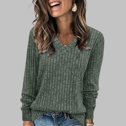 Damen Gerippter Pullover mit V-Ausschnitt, Langarm