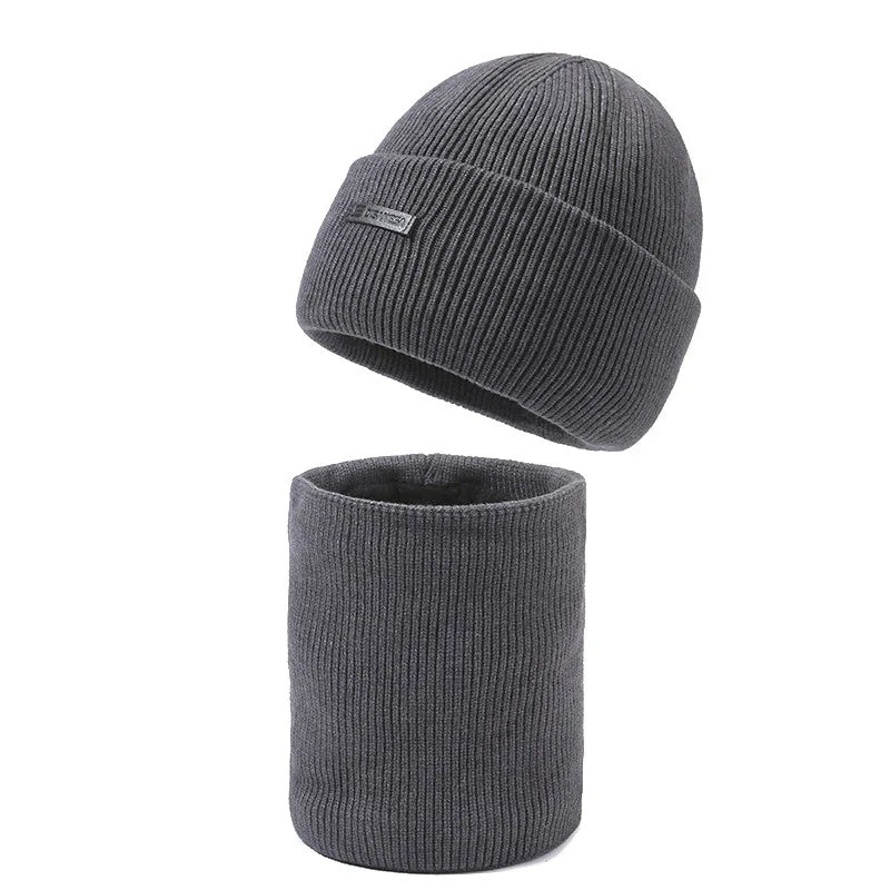 Unisex Winter Beanie Mütze & Rundschal Set – Geripptes Strickdesign
