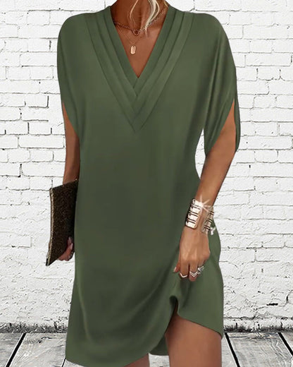 Damen Kleid Elegant V-Ausschnitt Kurzarm Sommer Freizeitkleid mit Schlitz